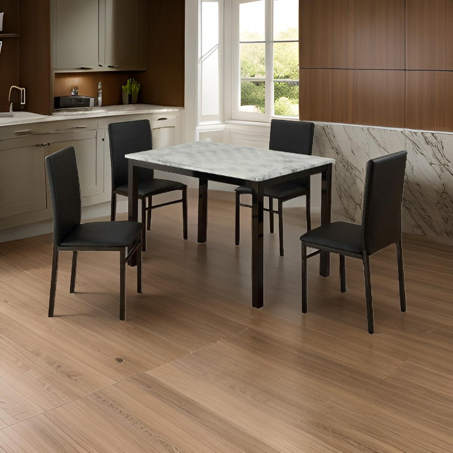 Riley 5 Piece Dining Table Set, Wood, 4 Chairs, White Fabric Upholstery