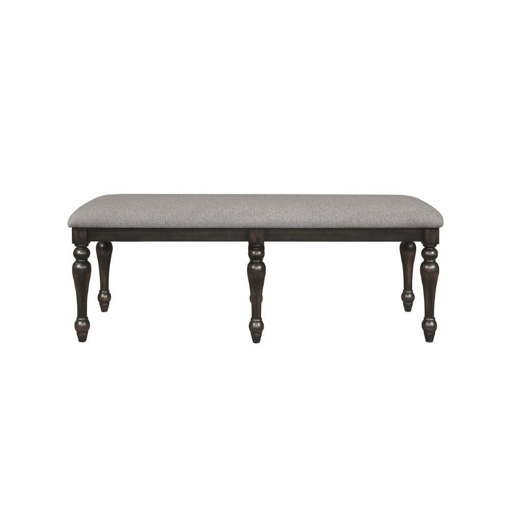 Lauren 52 Inch Bench, Classic Wood Frame, Cushioned Gray Fabric Upholstery