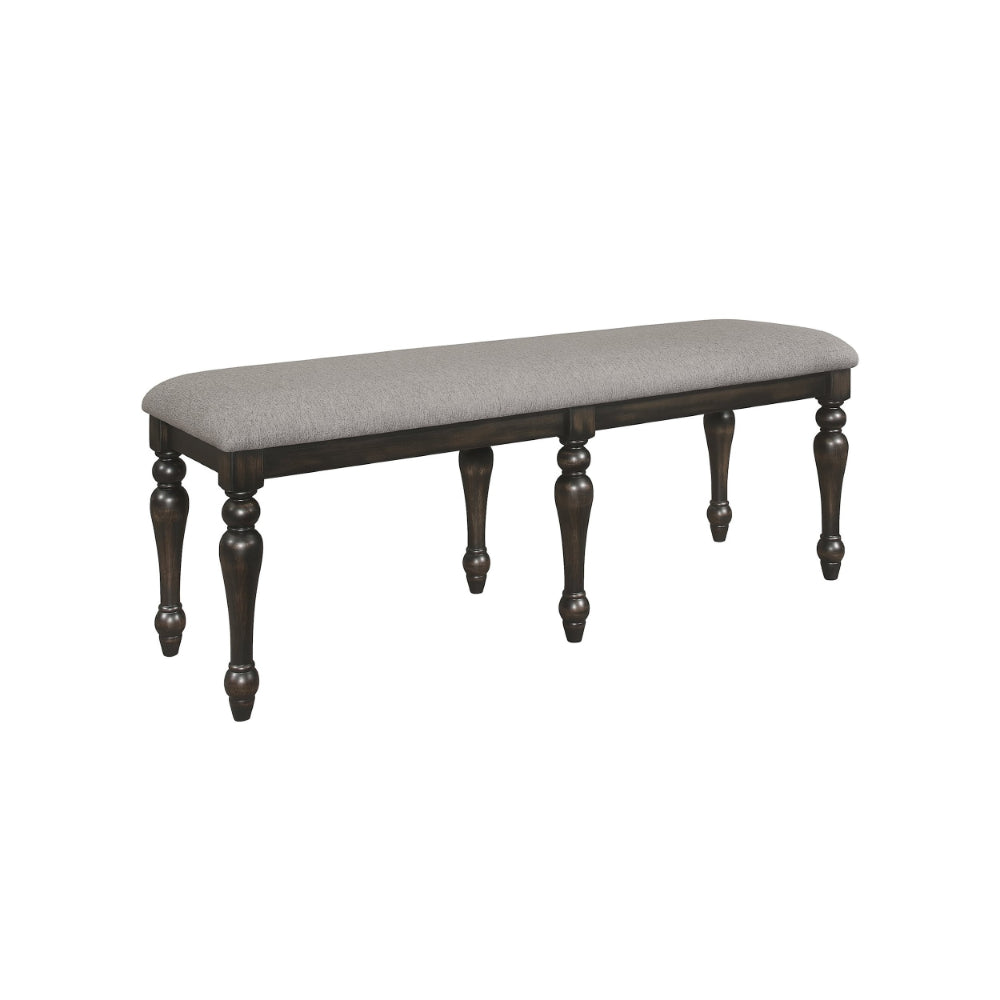 Lauren 52 Inch Bench, Classic Wood Frame, Cushioned Gray Fabric Upholstery
