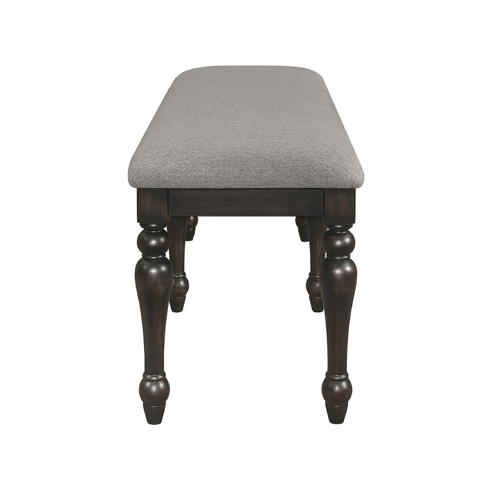 Lauren 52 Inch Bench, Classic Wood Frame, Cushioned Gray Fabric Upholstery