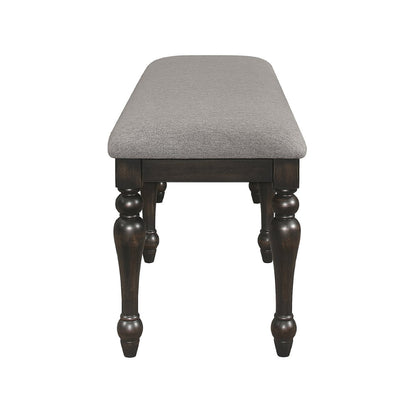 Lauren 52 Inch Bench, Classic Wood Frame, Cushioned Gray Fabric Upholstery