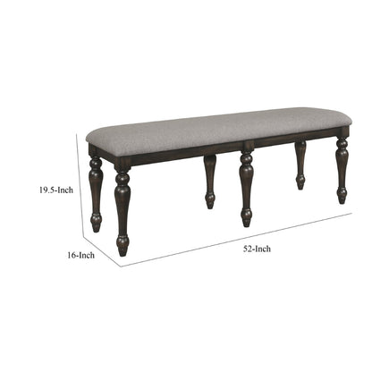 Lauren 52 Inch Bench, Classic Wood Frame, Cushioned Gray Fabric Upholstery