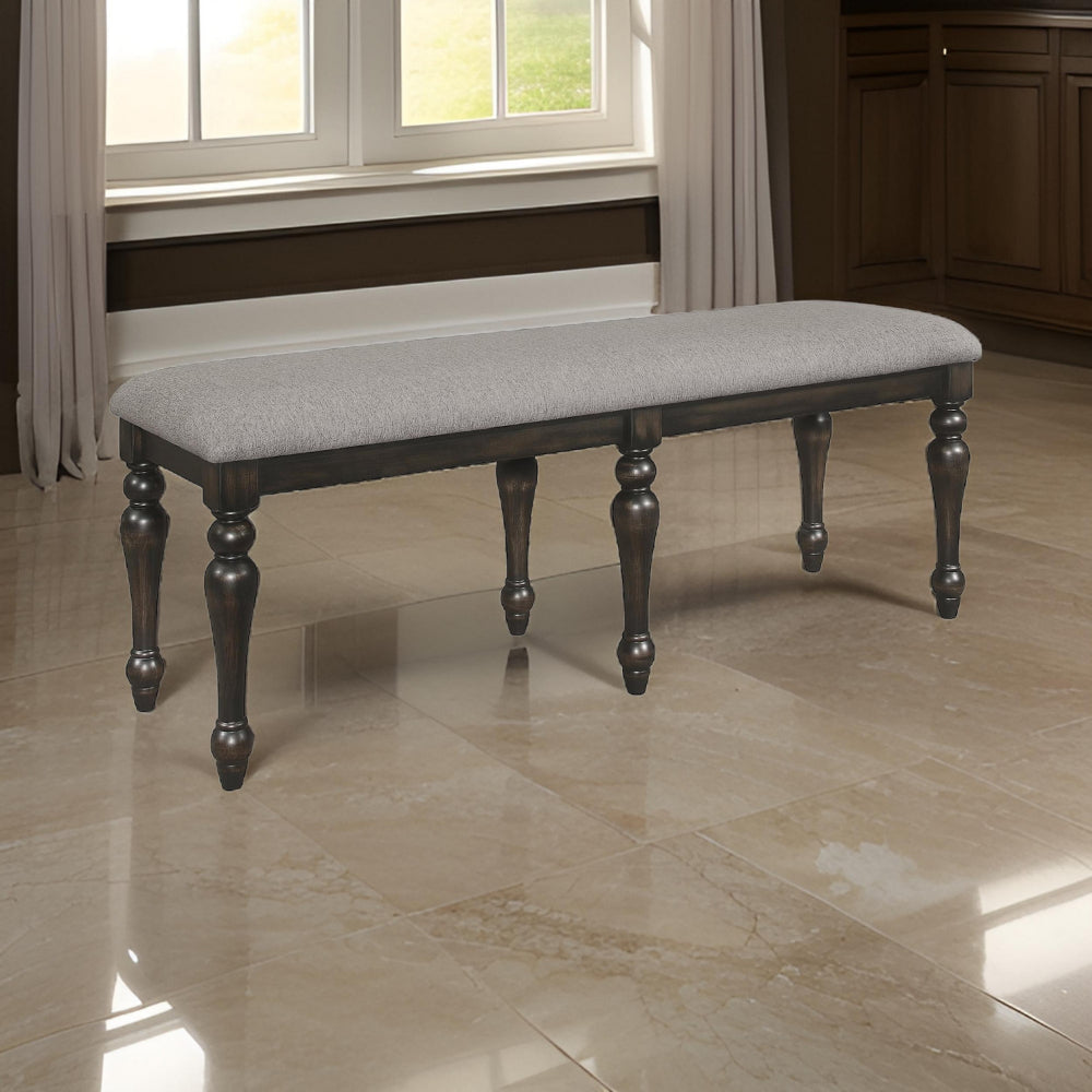 Lauren 52 Inch Bench, Classic Wood Frame, Cushioned Gray Fabric Upholstery
