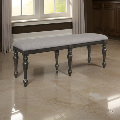 Lauren 52 Inch Bench, Classic Wood Frame, Cushioned Gray Fabric Upholstery