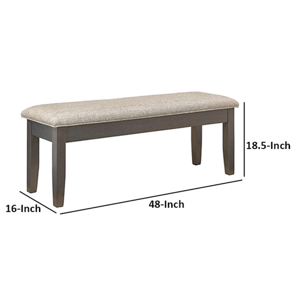 Dylan 48 Inch Bench, Brown Wood Frame, Gray Fabric Upholstered Cushion