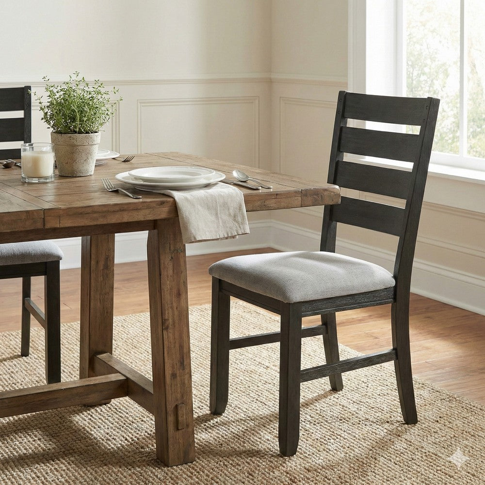 Woodlands 22 Inch Side Chair Set of 2, Soft Gray Fabric Seat, Brown Wood