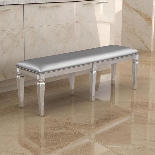 Scott 60 Inch Dining Bench, Sparkling Silver Gray Faux Leather, Wood Frame