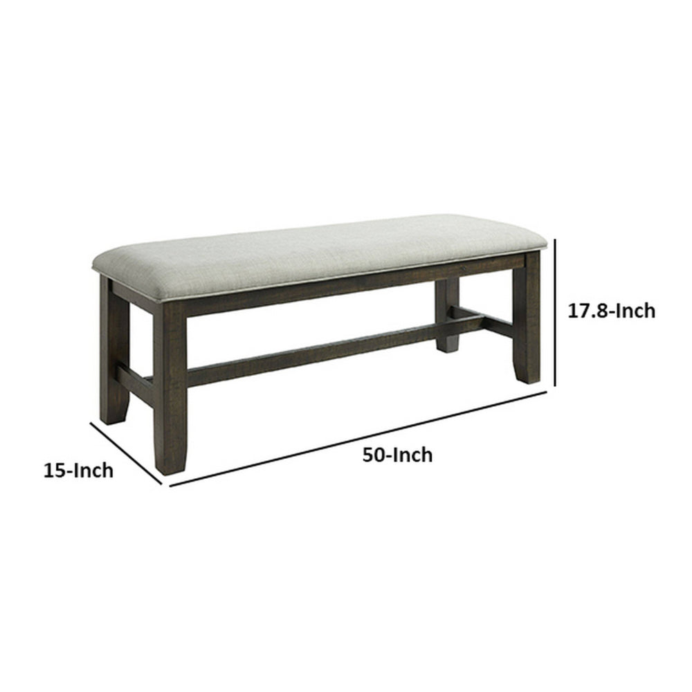 Cameron 50 Inch Bench, Brown Wood Frame, Gray Poly Linen Upholstery