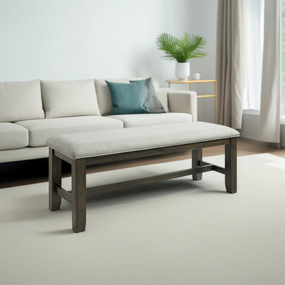 Cameron 50 Inch Bench, Brown Wood Frame, Gray Poly Linen Upholstery