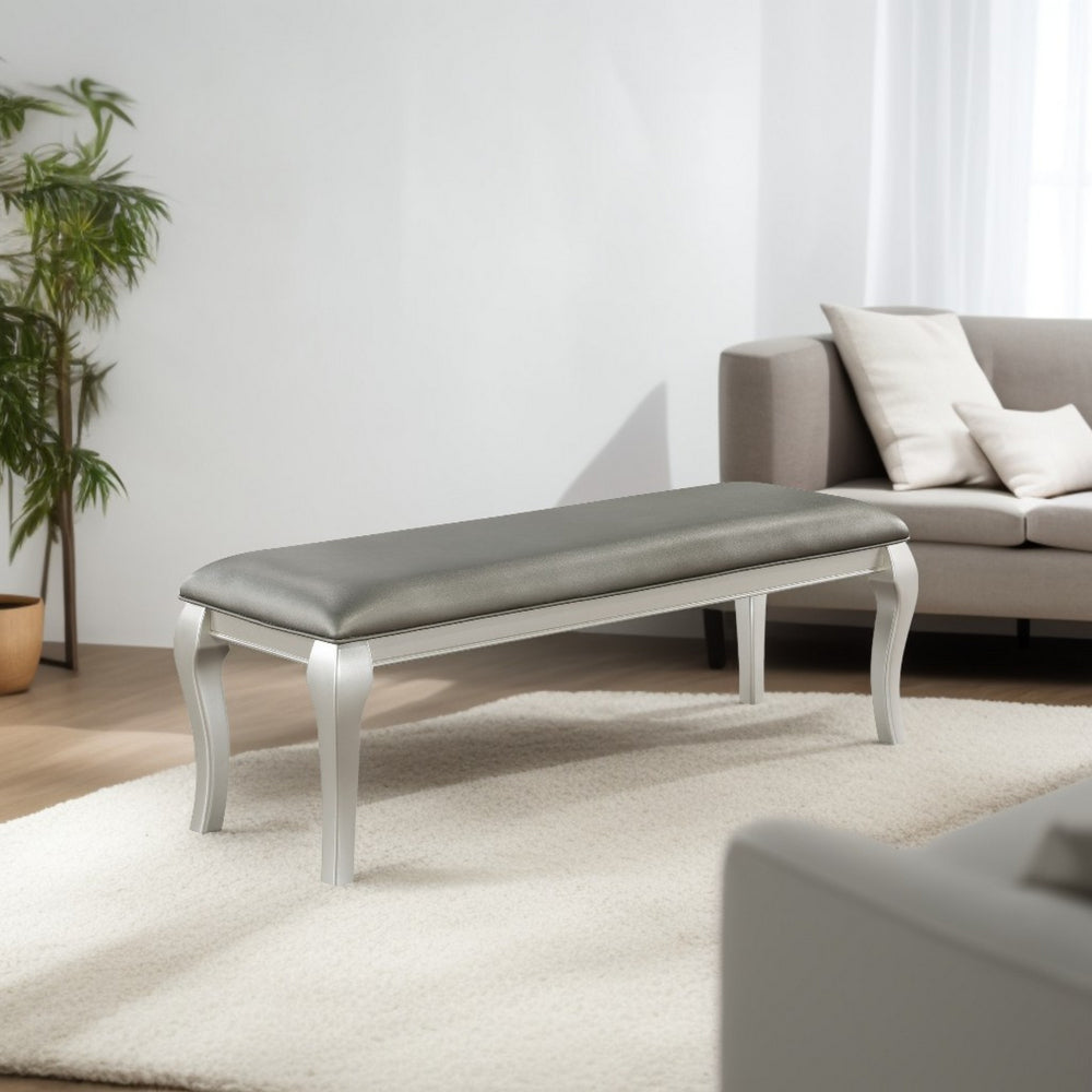 Harrison 52 Inch Bench, Wood Frame, Faux Leather, Cabriole Legs, Gray