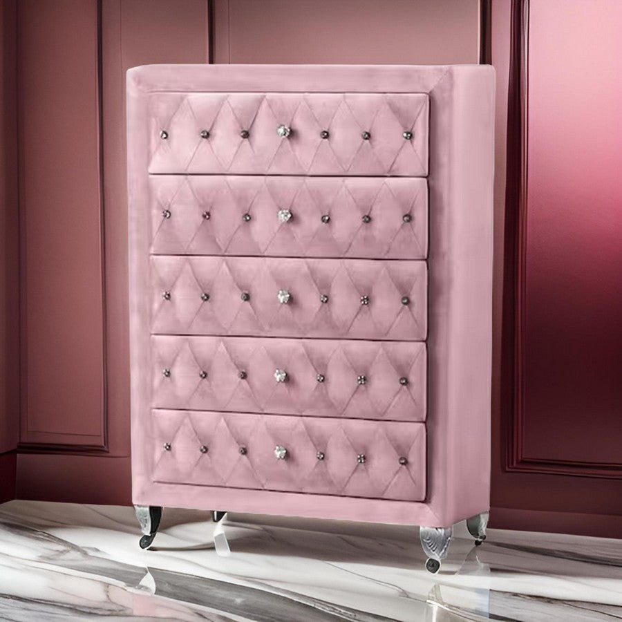Zoha 49 Inch Tall Dresser Chest, 5 Drawer, Cabriole Legs, Pink Upholstery