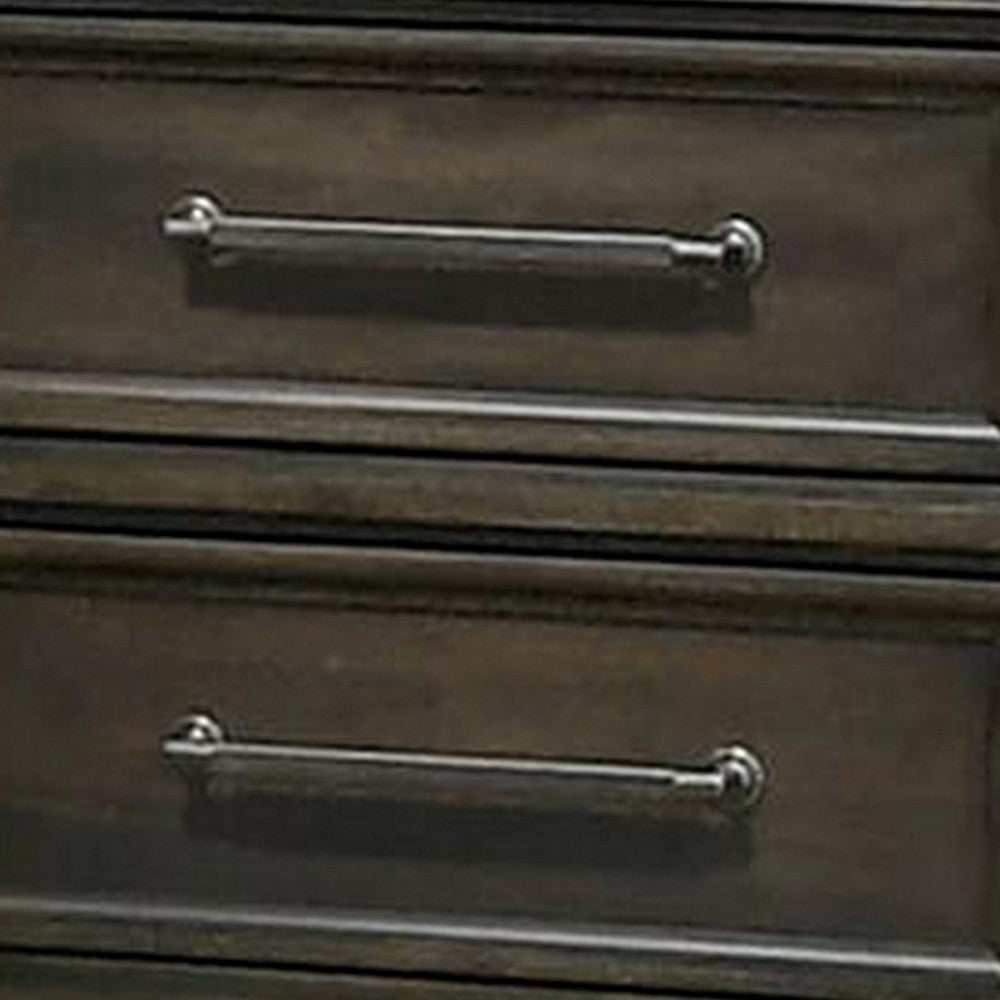 Ston 26 Inch Nightstand, 2 Drawers, Pewter Handles, Crown Mold, Wood, Gray
