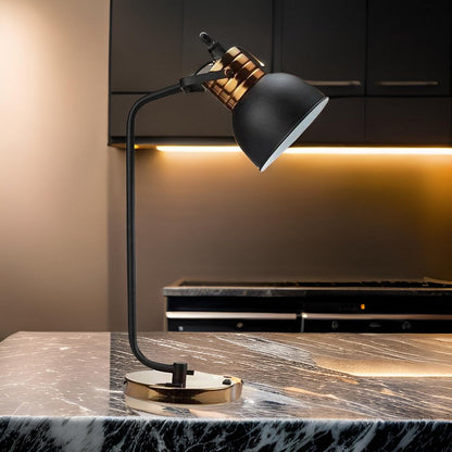 24 Inch Table Lamp, Angled Stem, Round Base, Metal, Black, Antique Gold