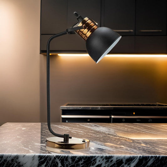 24 Inch Table Lamp, Angled Stem, Round Base, Metal, Black, Antique Gold
