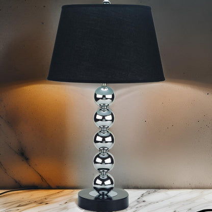 16 Inch Table Lamp Set of 2, 5 Ball Stem, Round Base, Chrome Metal, Black