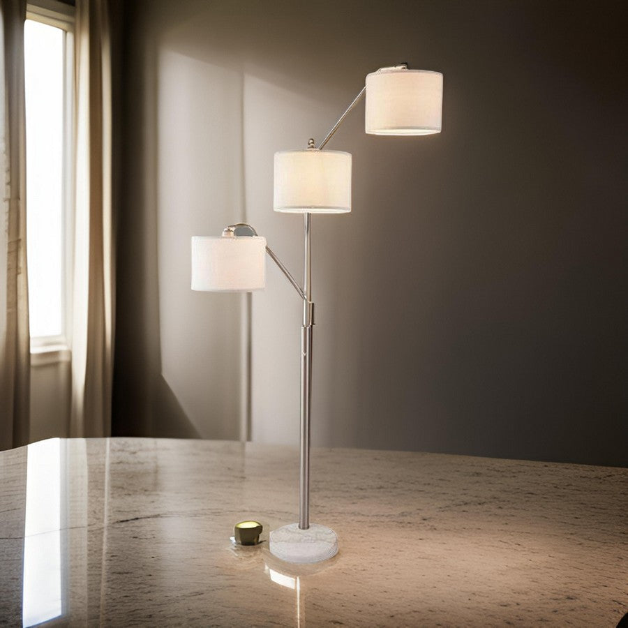 83 Inch Floor Lamp, AdjusFloor, 3 Level Design, Marble, Metal, Silver