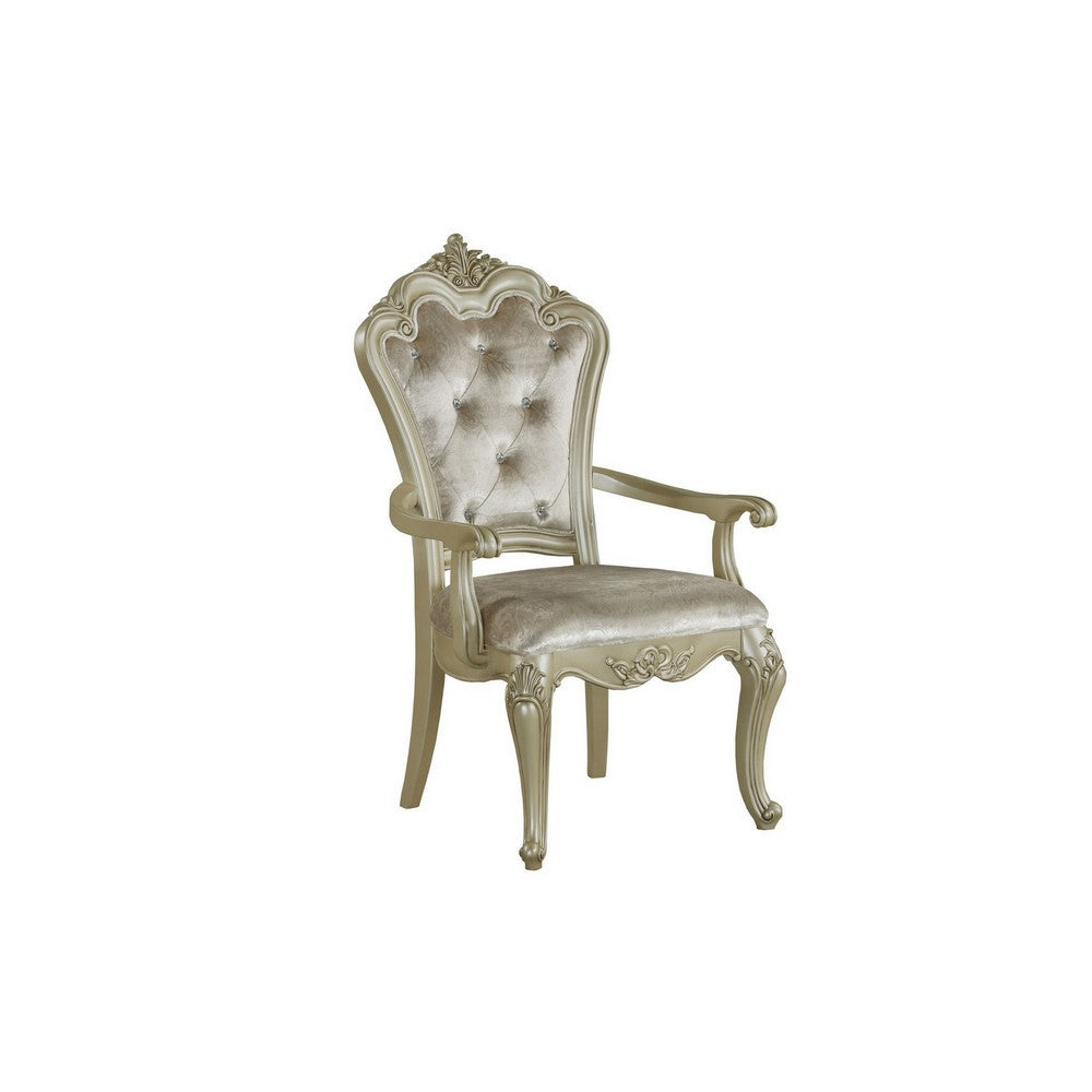 Siq 27 Inch Dining Armchair Set of 2, Upholstered, Champagne Gold, Silver