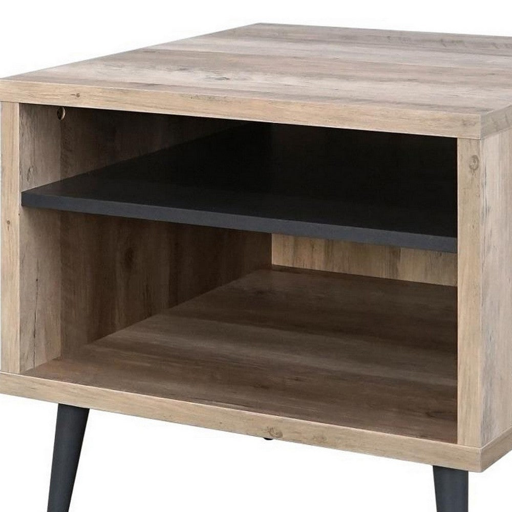 Carly 22 Inch Side End Table, Tapered Legs, 1 Shelf, Light Brown and Gray