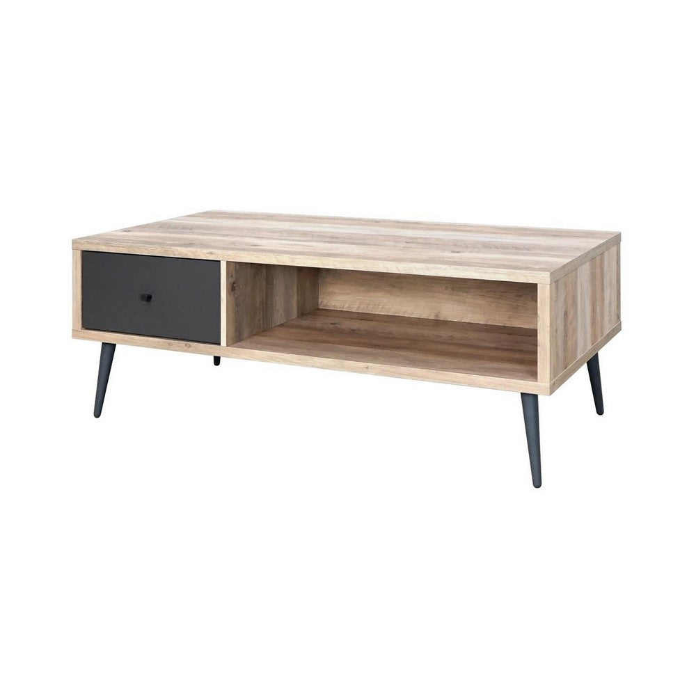 Carly 47 Inch Coffee Table, Tapered Legs, 1 Drawer, Light Brown and Gray