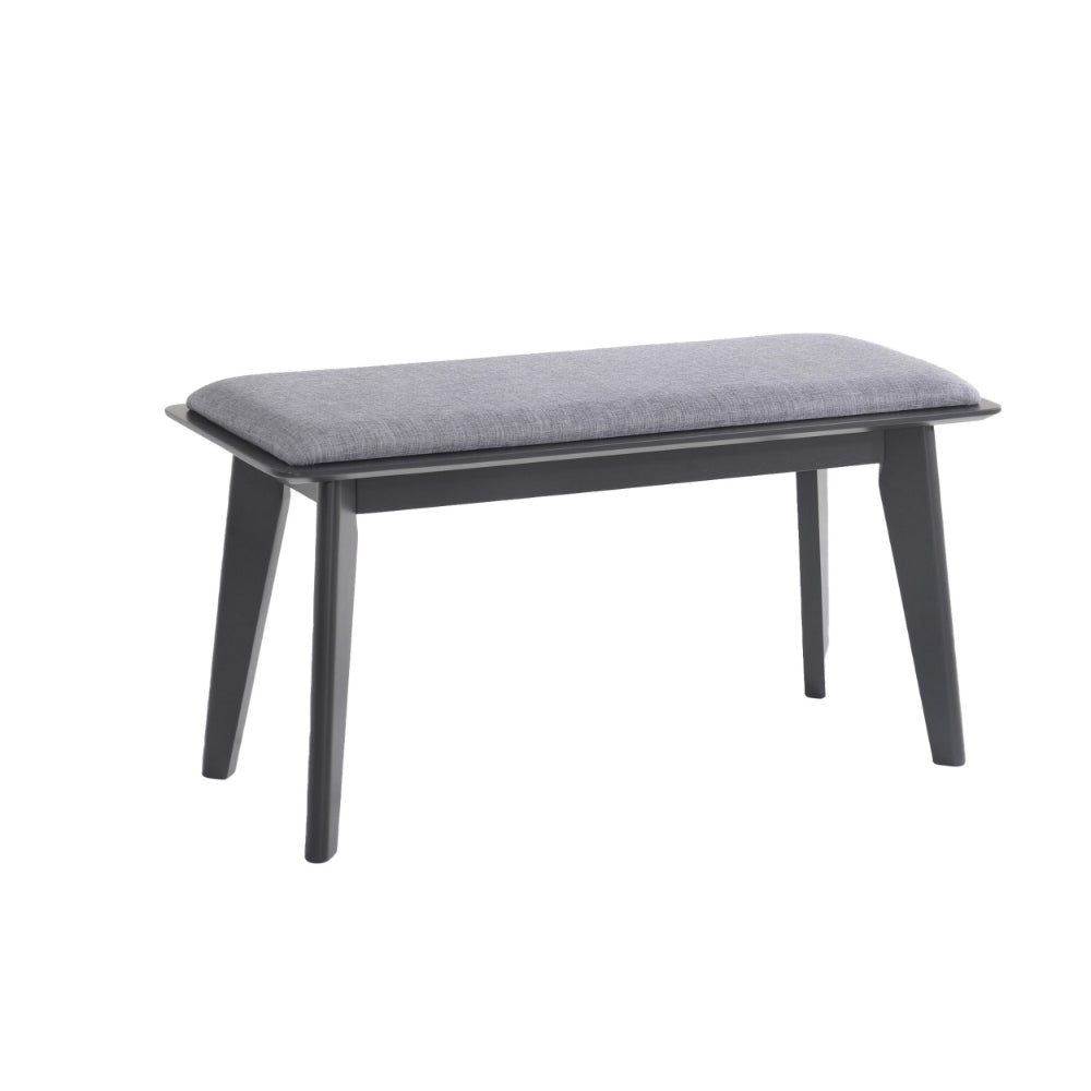 35 Inch Bench, Angled Legs, Solid Wood, Light Gray Fabric Upholstery
