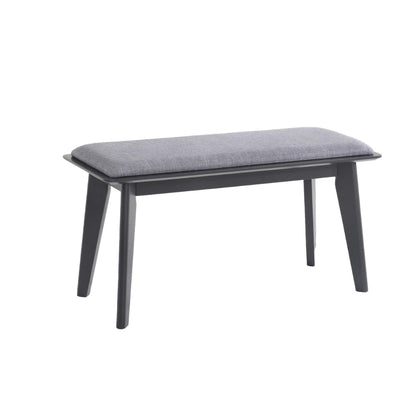 35 Inch Bench, Angled Legs, Solid Wood, Light Gray Fabric Upholstery