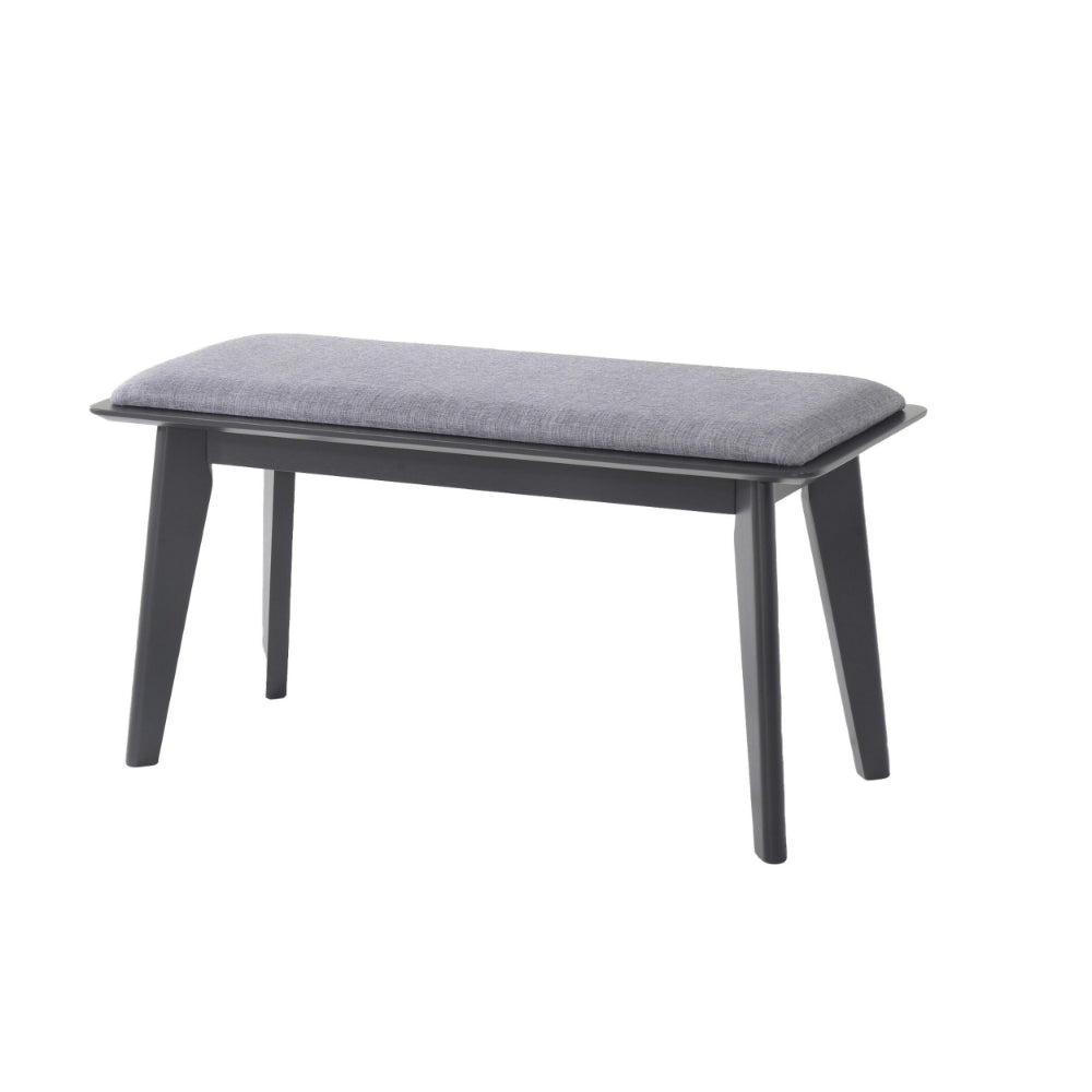 35 Inch Bench, Angled Legs, Solid Wood, Light Gray Fabric Upholstery