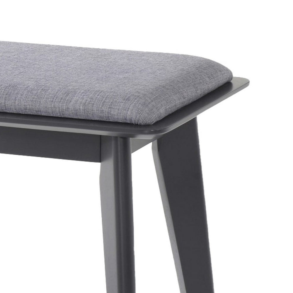 35 Inch Bench, Angled Legs, Solid Wood, Light Gray Fabric Upholstery