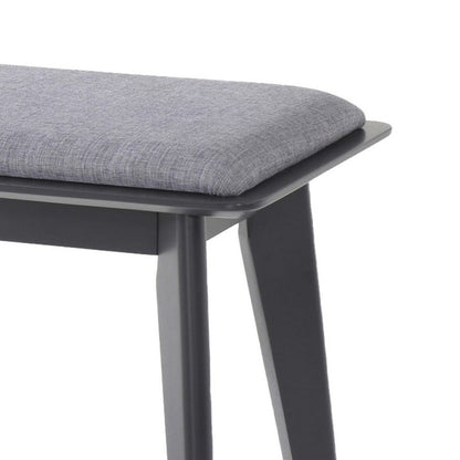 35 Inch Bench, Angled Legs, Solid Wood, Light Gray Fabric Upholstery
