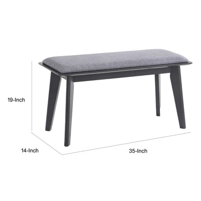 35 Inch Bench, Angled Legs, Solid Wood, Light Gray Fabric Upholstery
