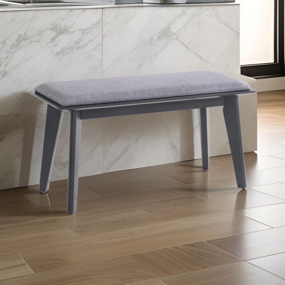 35 Inch Bench, Angled Legs, Solid Wood, Light Gray Fabric Upholstery