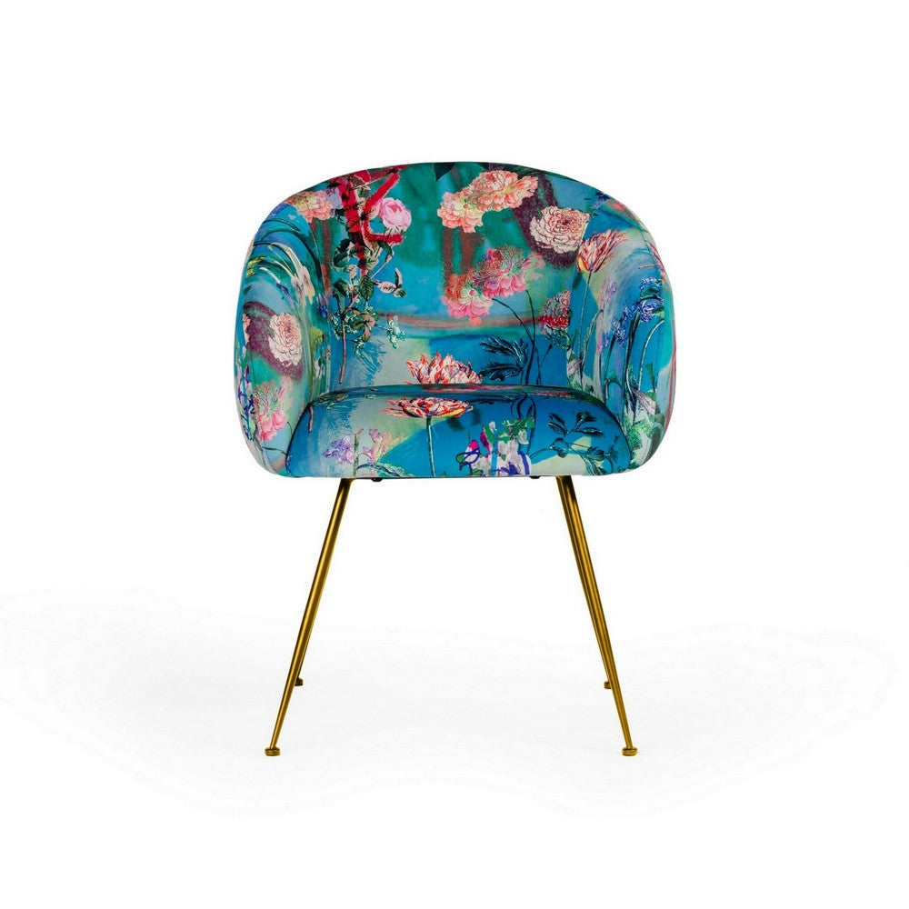 25 Inch Dining Chair, Floral Design, Gold Legs, Blue Velvet Upholstery