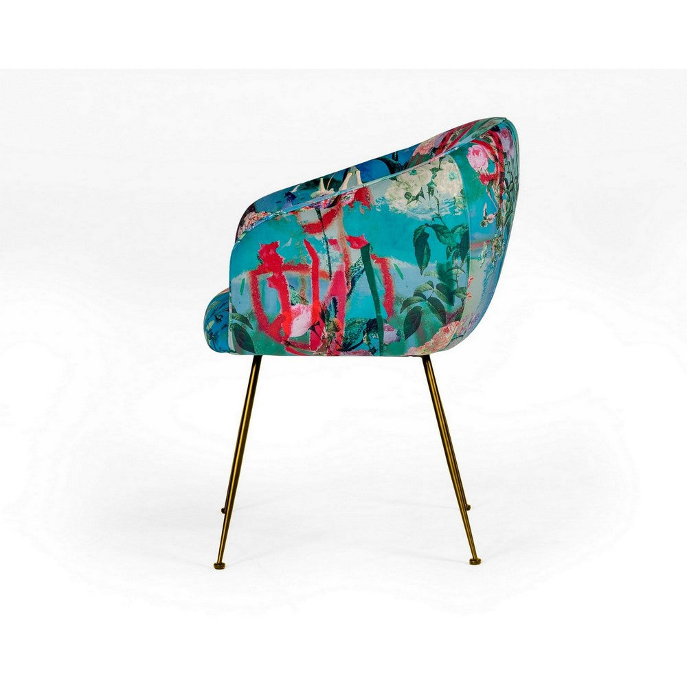 25 Inch Dining Chair, Floral Design, Gold Legs, Blue Velvet Upholstery