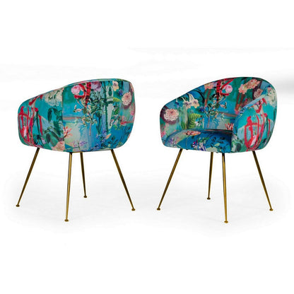25 Inch Dining Chair, Floral Design, Gold Legs, Blue Velvet Upholstery