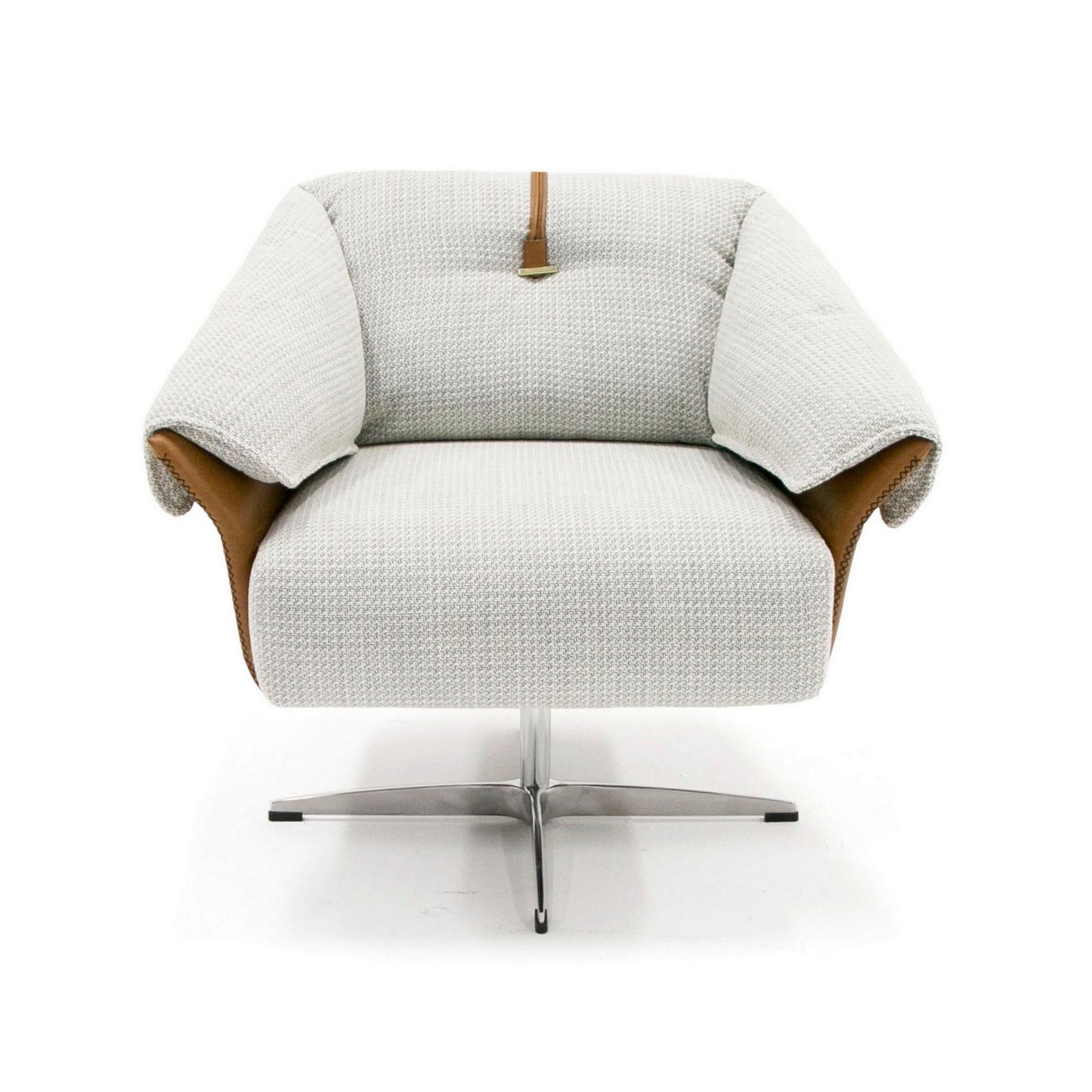 31 Inch Swivel Accent Chair, Padded Cushions, Faux Leather, Gray, Caramel