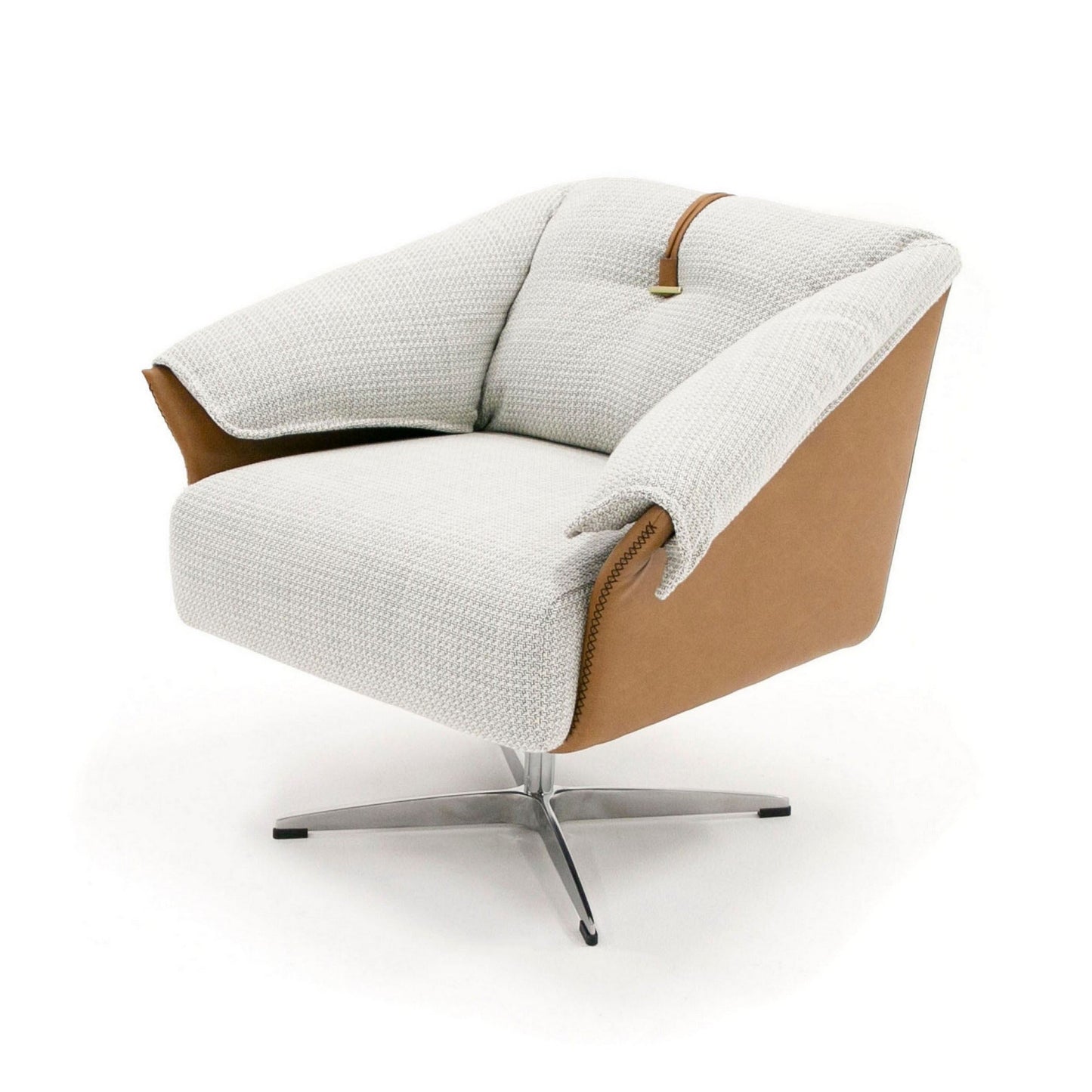 31 Inch Swivel Accent Chair, Padded Cushions, Faux Leather, Gray, Caramel