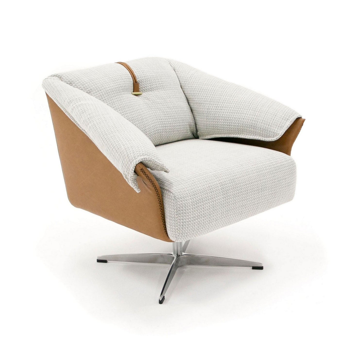 31 Inch Swivel Accent Chair, Padded Cushions, Faux Leather, Gray, Caramel