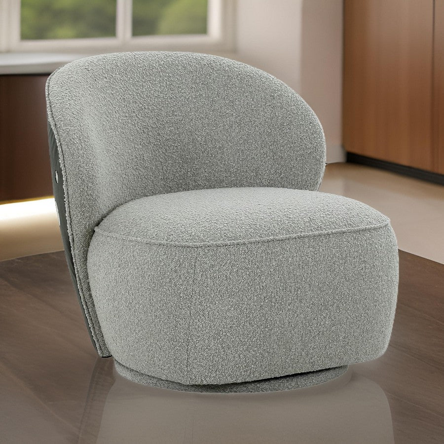 32 Inch Swivel Accent Chair, Smooth Curved Shape, Gray Fabric Upholstery
