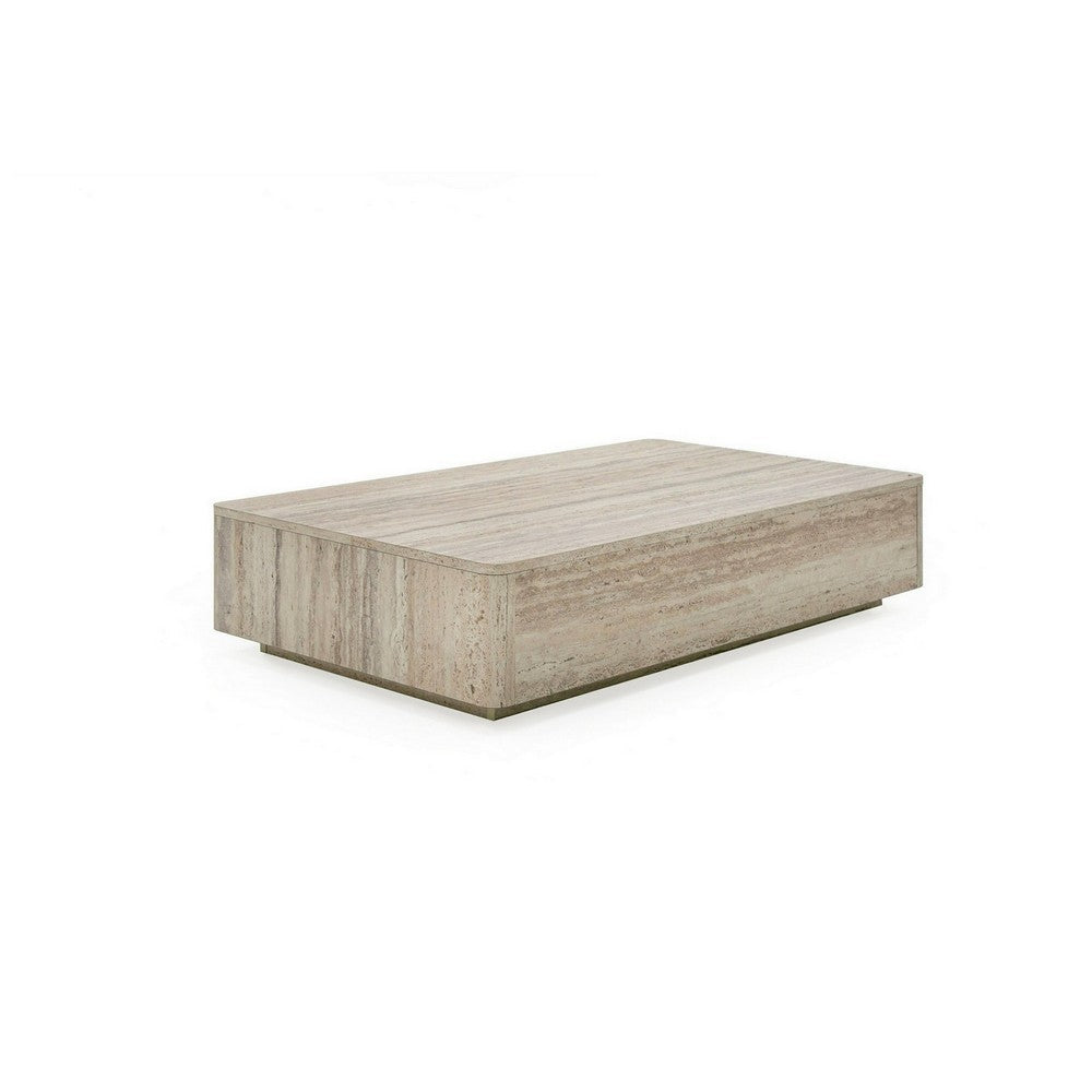 Lia 55 Inch Coffee Table, Rectangular Travertine Stone Finish Laminated Top