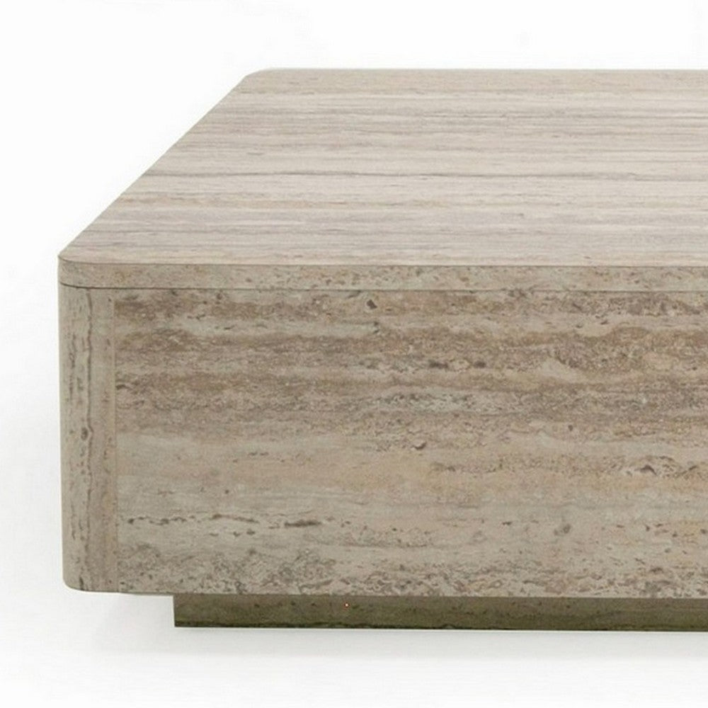 Lia 55 Inch Coffee Table, Rectangular Travertine Stone Finish Laminated Top