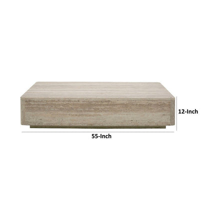 Lia 55 Inch Coffee Table, Rectangular Travertine Stone Finish Laminated Top
