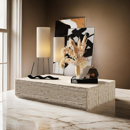 Lia 55 Inch Coffee Table, Rectangular Travertine Stone Finish Laminated Top