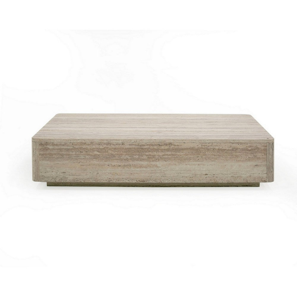 Lia 55 Inch Coffee Table, Rectangular Travertine Stone Finish Laminated Top