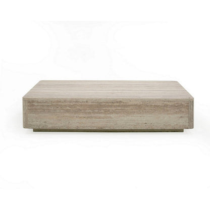 Lia 55 Inch Coffee Table, Rectangular Travertine Stone Finish Laminated Top