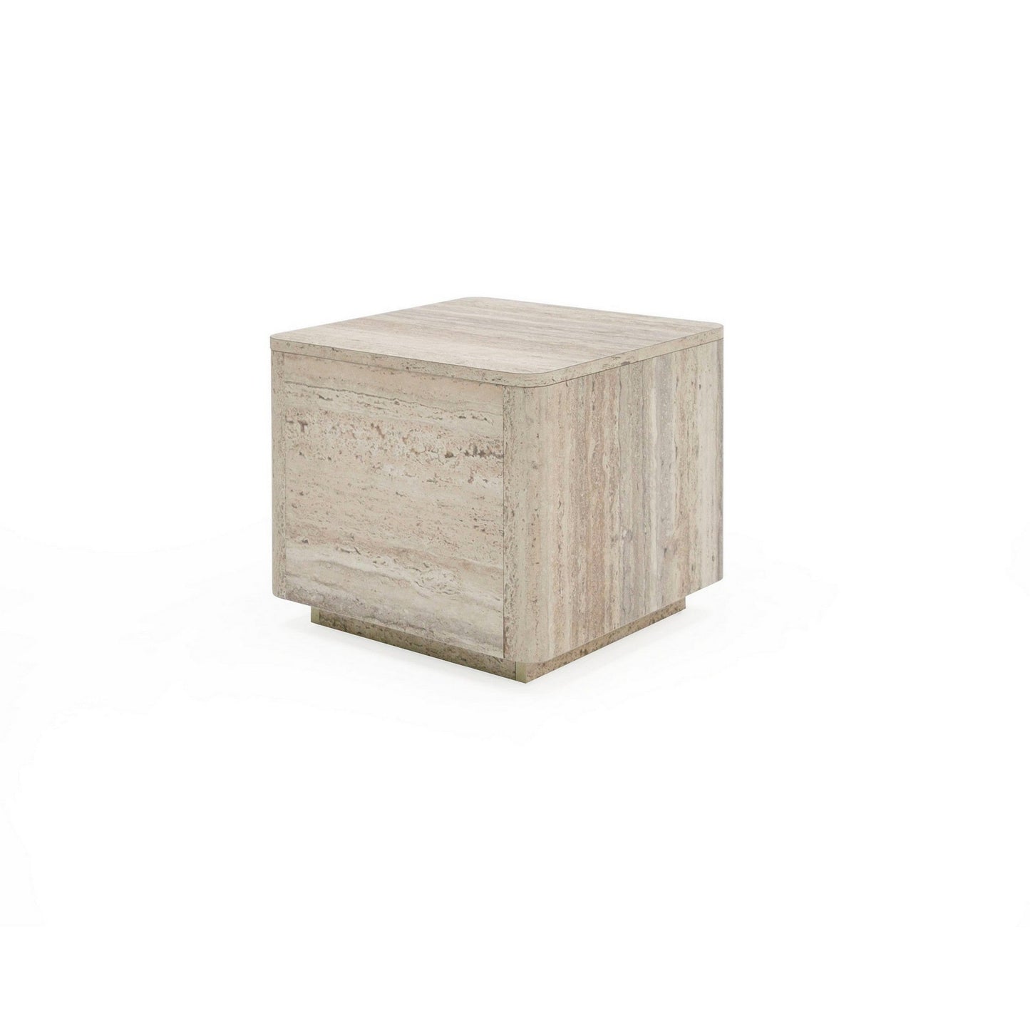 Lia 20 Inch End Table, Square Travertine Stone Finish Laminated Top
