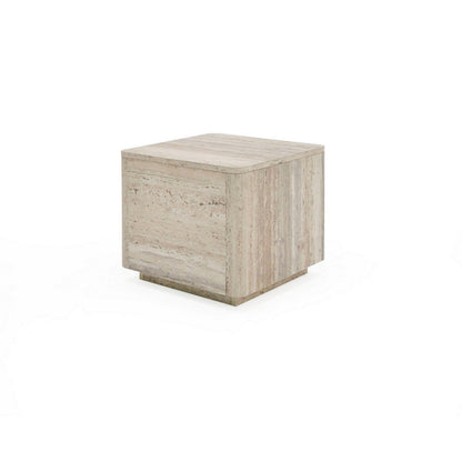 Lia 20 Inch End Table, Square Travertine Stone Finish Laminated Top