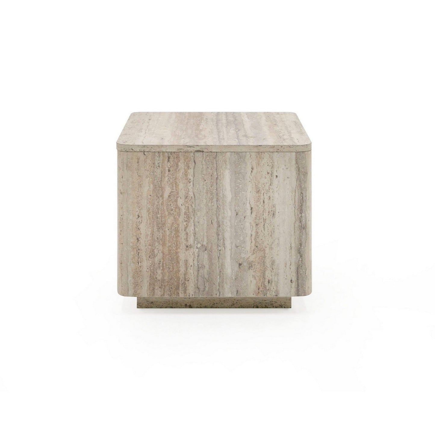 Lia 20 Inch End Table, Square Travertine Stone Finish Laminated Top