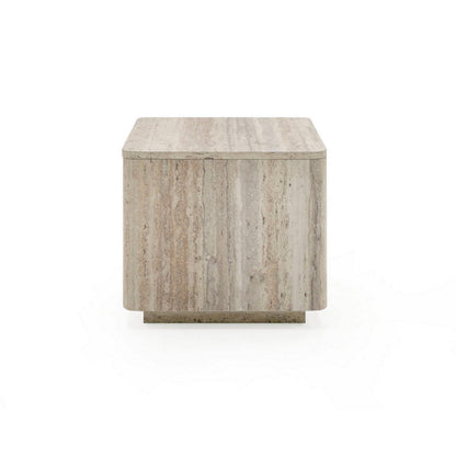 Lia 20 Inch End Table, Square Travertine Stone Finish Laminated Top