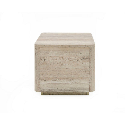 Lia 20 Inch End Table, Square Travertine Stone Finish Laminated Top