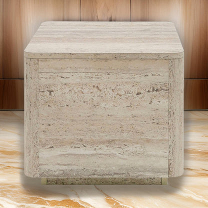 Lia 20 Inch End Table, Square Travertine Stone Finish Laminated Top