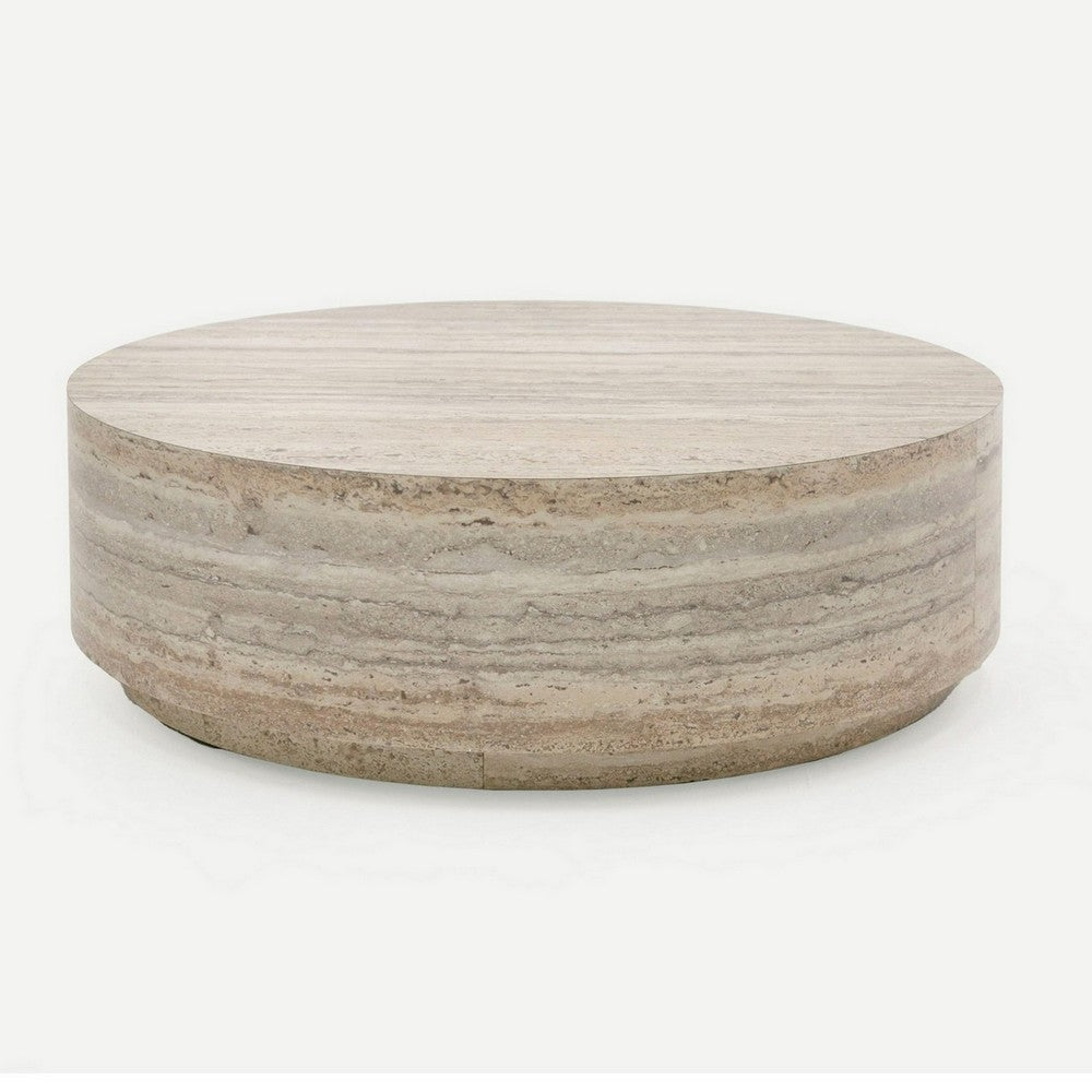 Lia 39 Inch Coffee Table, Round Travertine Stone Finish Laminated Top